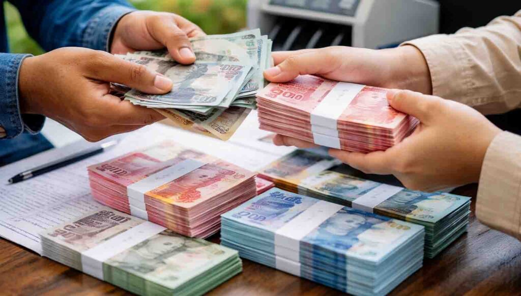 “Proses penukaran uang lama dengan uang baru dalam pecahan rupiah di meja layanan penukaran uang.”