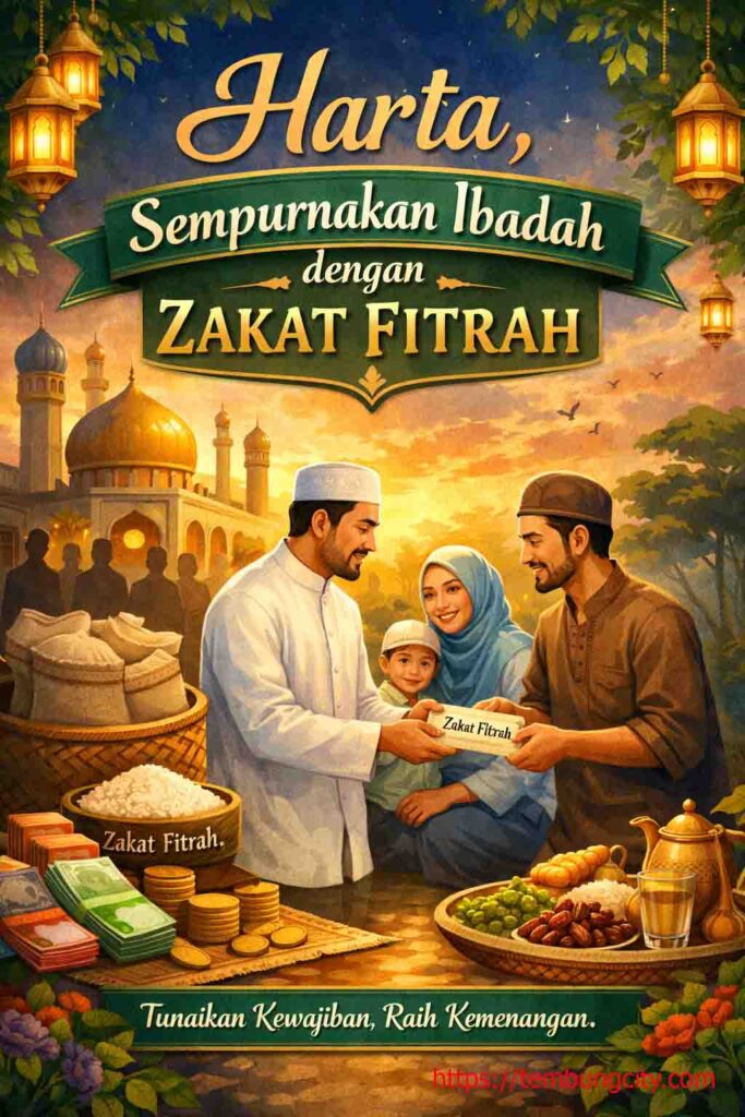 “Ilustrasi zakat fitrah di bulan Ramadan: seorang Muslim memberikan zakat fitrah berupa beras dan uang kepada keluarga yang membutuhkan di depan masjid, dengan tulisan ‘Harta, Sempurnakan Ibadah dengan Zakat Fitrah’ sebagai ajakan menunaikan zakat fitrah sebelum Idul Fitri.”