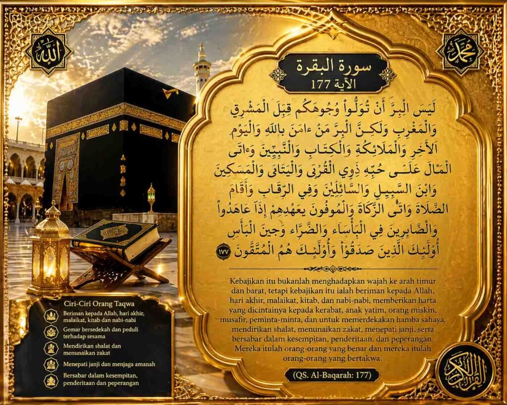 “Ciri-ciri orang taqwa QS Al-Baqarah 177 kaligrafi emas Ka'bah”